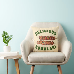 Delicious Souvlaki Meat Pork Skewer Greek Cuisine Throw Pillow