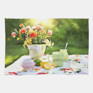 Delicious Strawberry Cupcake And Lemon Tea Drink Kitchen Towel
