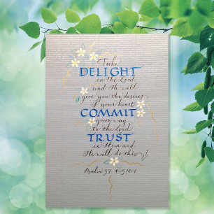 DELIGHT, COMMIT, TRUST, PSALM 37 CALLIGRAPHY BLUES CANVAS PRINT