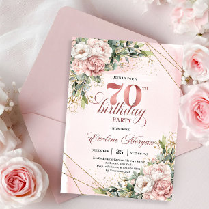 Delightful Blush Pink Shimmering Floral 70th Bday Invitation