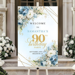 Delightful Boho dusty blue gold 90th birthday welc Poster
