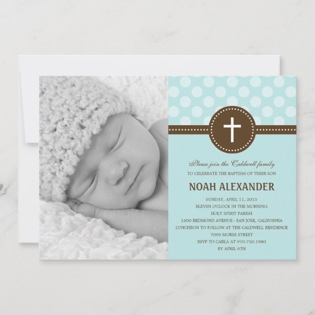 Delightful Dots Photo Christening Invitation Blue (Front)