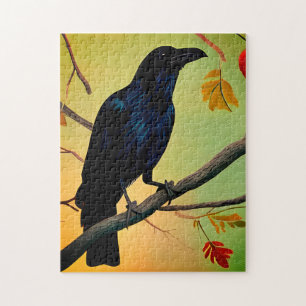 Delightful Fun Raven Perched On Branch Jigsaw Puzzle