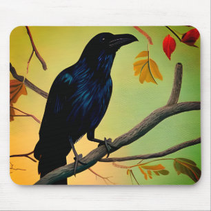 Delightful Fun Raven Perched On Branch Mouse Pad
