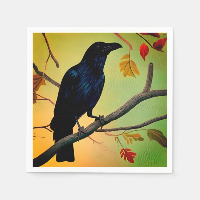 Delightful Fun Raven Perched On Branch Napkin (Front)