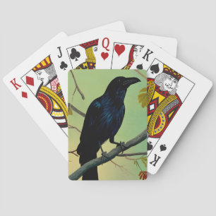 Delightful Fun Raven Perched On Branch Playing Cards