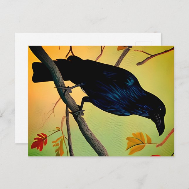 Delightful Fun Raven Perched On Branch Postcard (Front/Back)