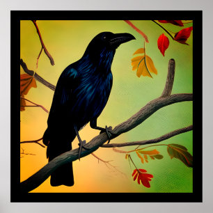 Delightful Fun Raven Perched On Branch Poster