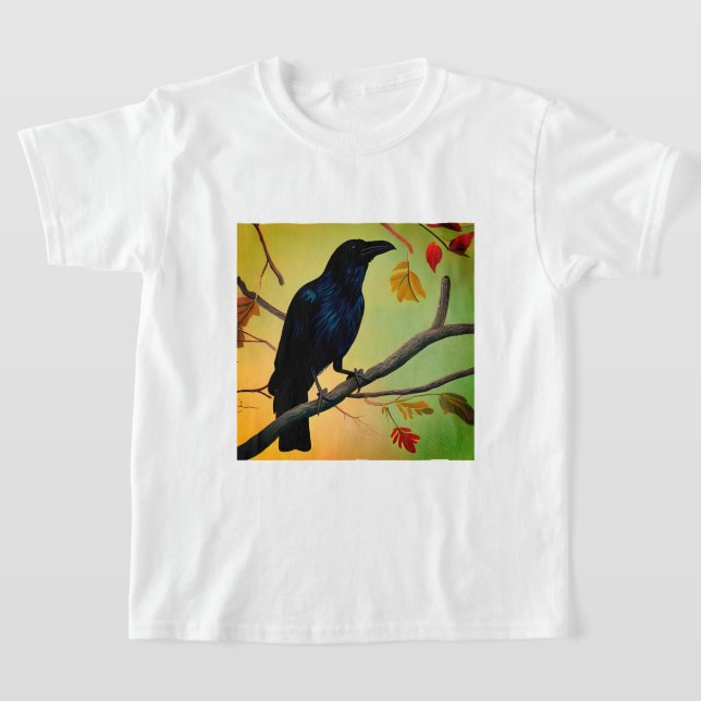 Delightful Fun Raven Perched On Branch T-Shirt (Laydown)