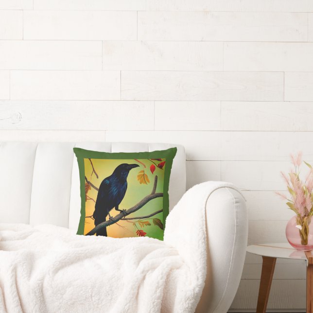 Delightful Fun Raven Perched On Branch Throw Pillo Pillow (Couch)