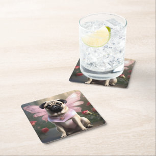 Delightful Funny Pug Fairy, Square Paper Coaster
