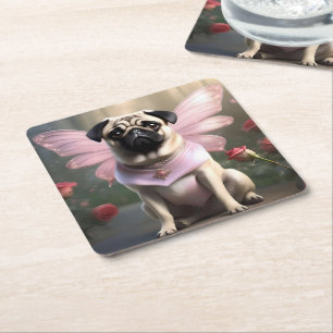Delightful Funny Pug Fairy, Square Paper Coaster