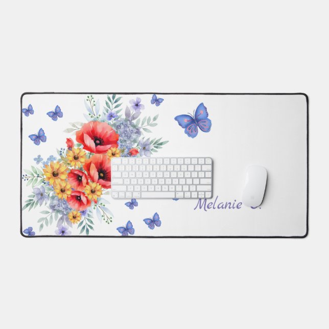 Delightful Red Poppies, Sunflowers & Butterflies  Desk Mat (Keyboard & Mouse)