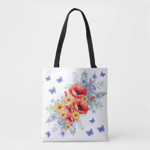Delightful Red Poppies, Sunflowers & Butterflies  Tote Bag