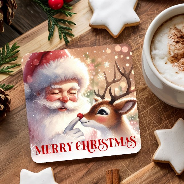 Delightful Santa and Rudolph Christmas Paper  Square Paper Coaster (Delightful Santa and Rudolph Christmas Paper Coasters)