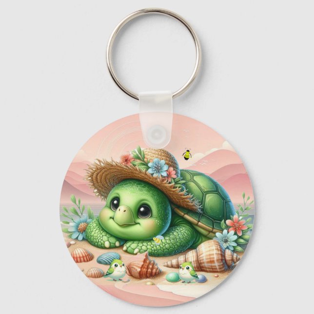 Delightful Turtle Basking on the Beach  Keychain (Front)