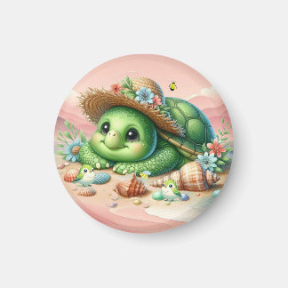 Delightful Turtle Basking on the Beach Magnet