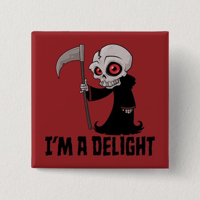 Delightfully Grim Reaper Soul Harvester 2 Inch Square Button (Front)