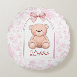 Delilah Custom Pink Teddy Bear Nursery Design Round Pillow