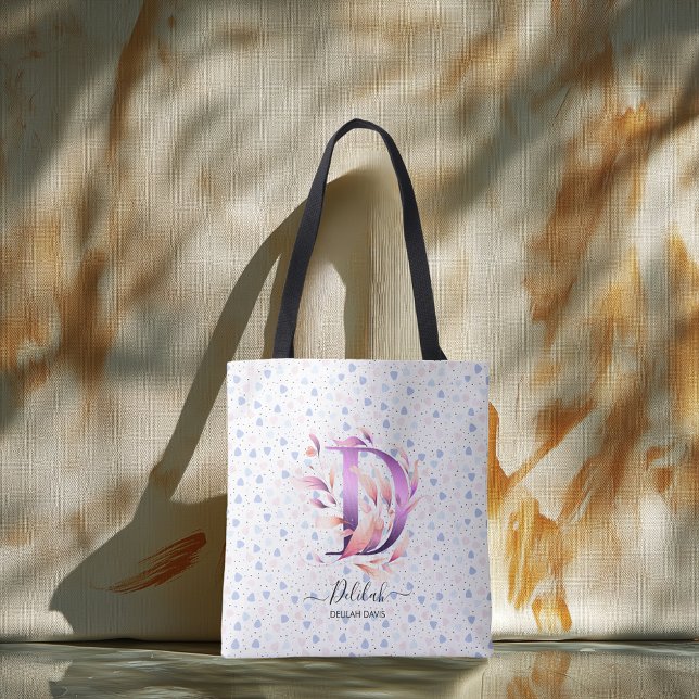 Delilah Whimsical Floral Monogram Blue Petals - D Tote Bag (Creator Uploaded)