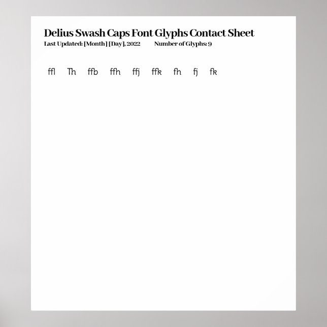 Delius Swash Caps Font Glyphs Contact Sheet Poster (Front)