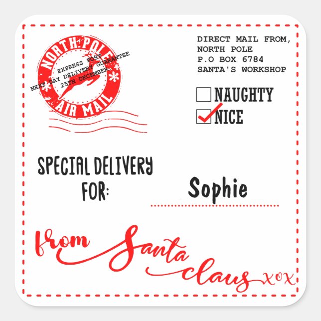 Delivery form Santa Christmas Square Sticker (Front)
