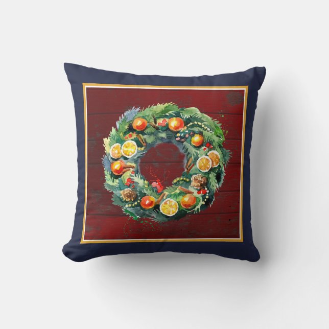 Della Robbia Wreath on Rustic Barn Board Throw Pillow (Front)