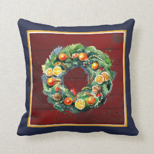 Della Robbia Wreath on Rustic Barn Board Throw Pillow