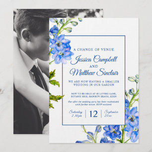 Delphinium blue flowers change of venue wedding invitation