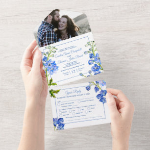 Delphinium blue flowers watercolor art wedding all in one invitation