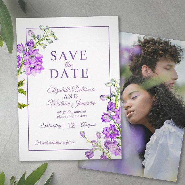 Delphinium floral save the date purple photo (Creator Uploaded)