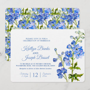 Delphinium flowers blue watercolor art wedding invitation