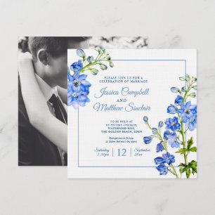Delphinium flowers blue watercolor art wedding invitation