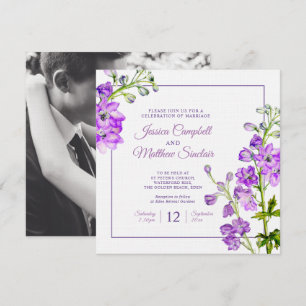 Delphinium flowers purple watercolor art wedding invitation