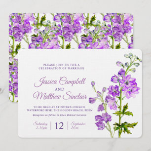 Delphinium flowers purple watercolor art wedding invitation