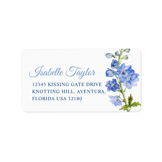 Delphinium painted blue wedding address label (Front)