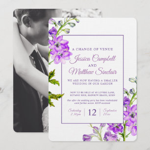 Delphinium purple flowers change of venue wedding invitation