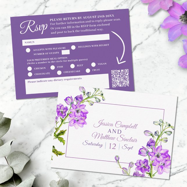 Delphinium purple watercolor wedding QR code RSVP Card (Creator Uploaded)