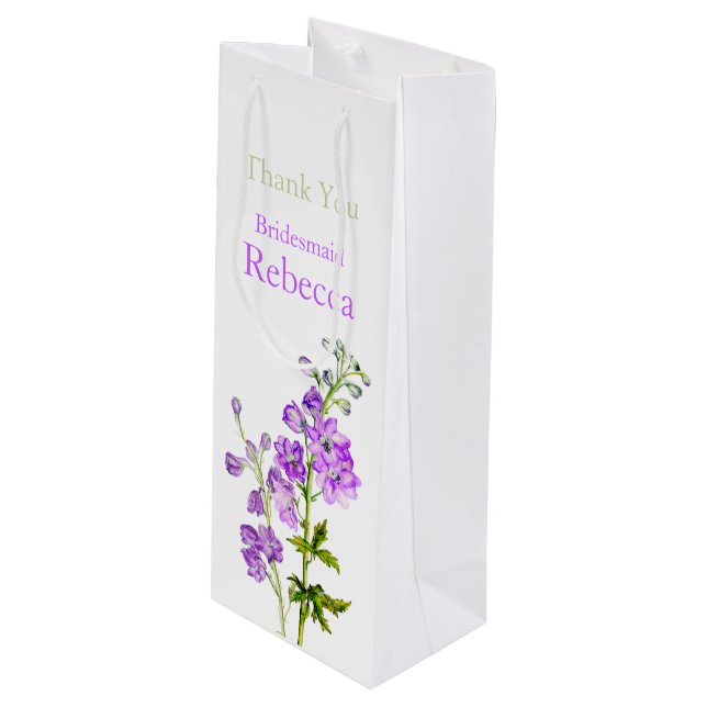 Delphinium wedding bridesmaid favour wine bag (Front Angled)