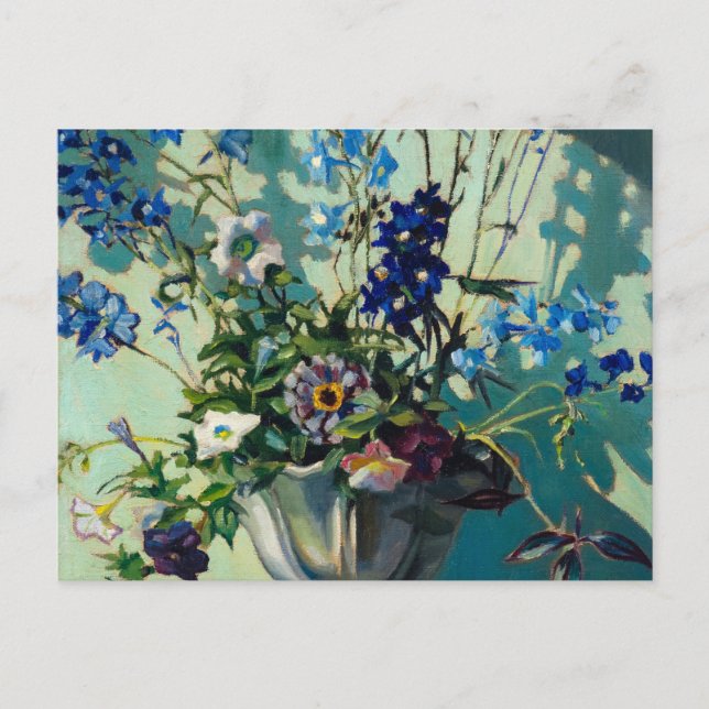 Delphiniums in a White Vase by Grant Wood Postcard (Front)