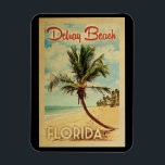 Delray Beach Palm Tree Vintage Travel Magnet<br><div class="desc">A uniquely retro mid-century modern Delray Beach Florida art print in vintage travel poster style. It features a curved palm tree on sandy beach with ocean under a blue cloudy sky.</div>