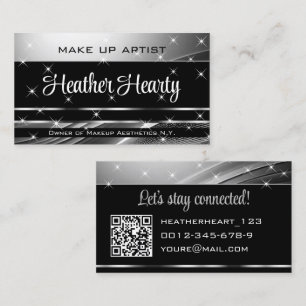 Deluxe Black Silver Grey Ombre Glitter and QR Code Business Card