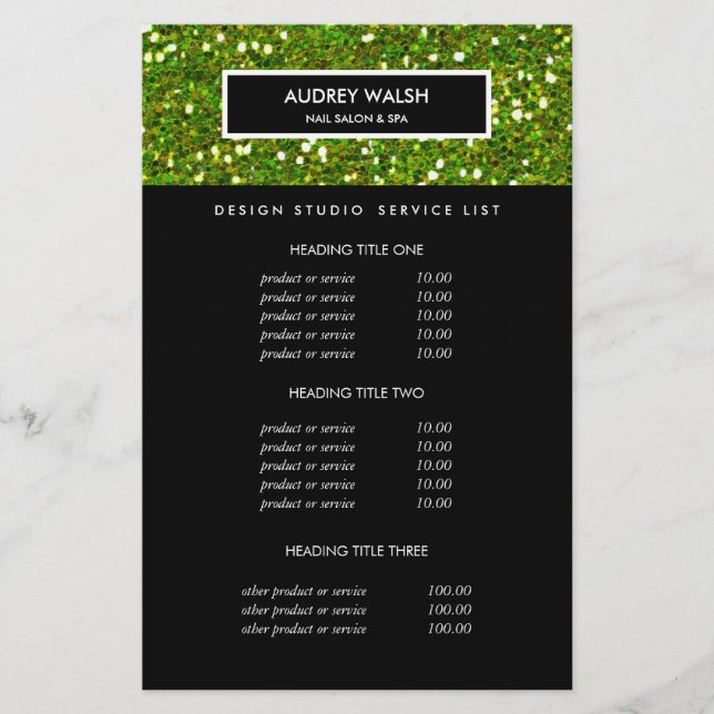 Deluxe Glittery Green Salon Pricing & Services Flyer (Front)