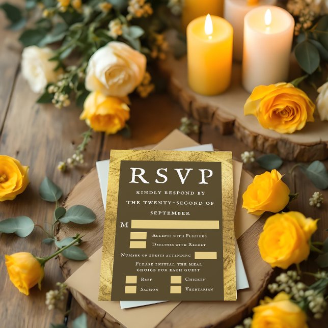 Deluxe Gold Brown Vintage Wedding RSVP Card (Deluxe Gold Brown Vintage Wedding RSVP Card)
