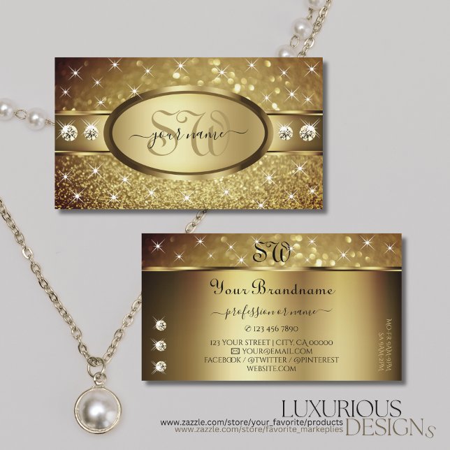 Deluxe Golden Glitter Stars Diamonds Initials Business Card (Creator Uploaded)