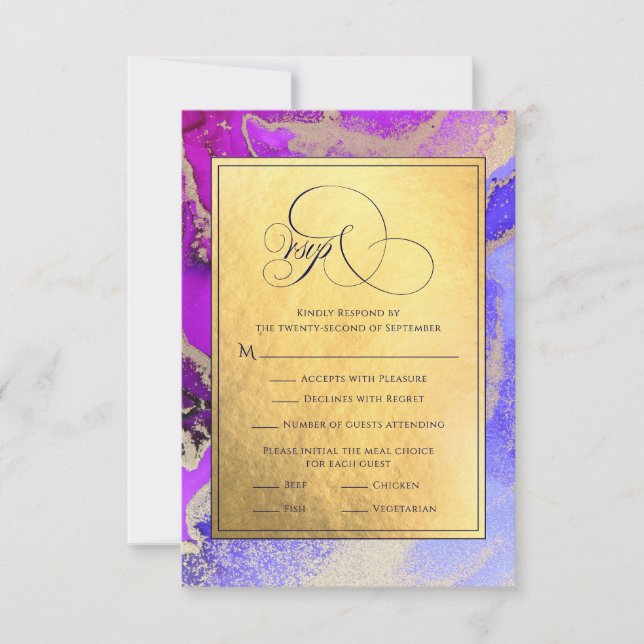 Deluxe Purple Gold Abstract Art Wedding  RSVP Card (Front)