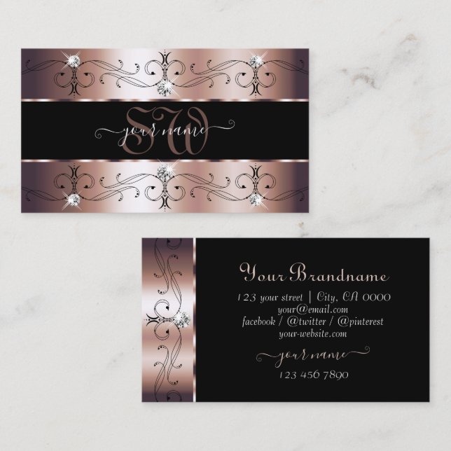 Deluxe Rose Gold and Black Ornate Borders Monogram Business Card (Front/Back)