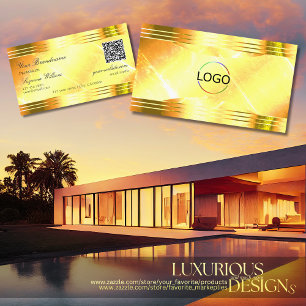 Deluxe Shimmery Yellow Gold Borders Logo QR Code Business Card