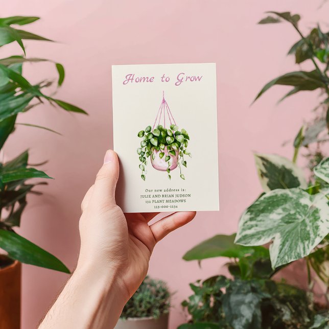 Déménager pour développer un nouveau Faire-part d' (“Home to Grow” moving announcement card. Watercolor illustration of a pink hanging plant pot.)