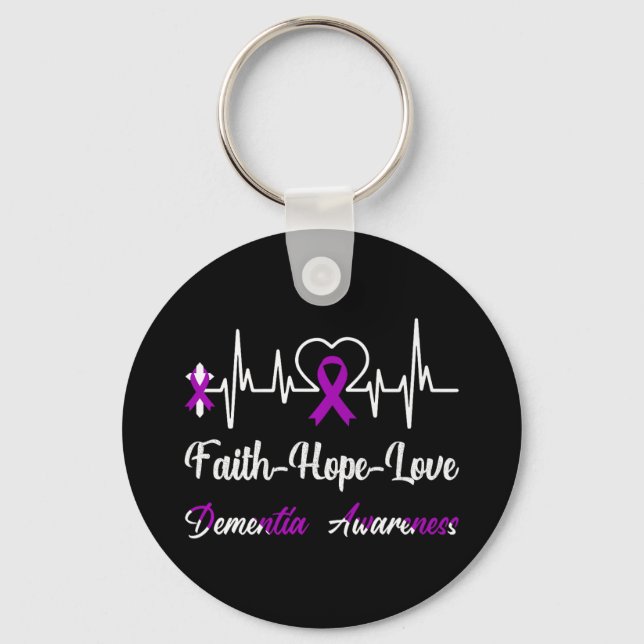 Dementia Awareness Heartbeat Christian Cross Purpl Keychain (Front)